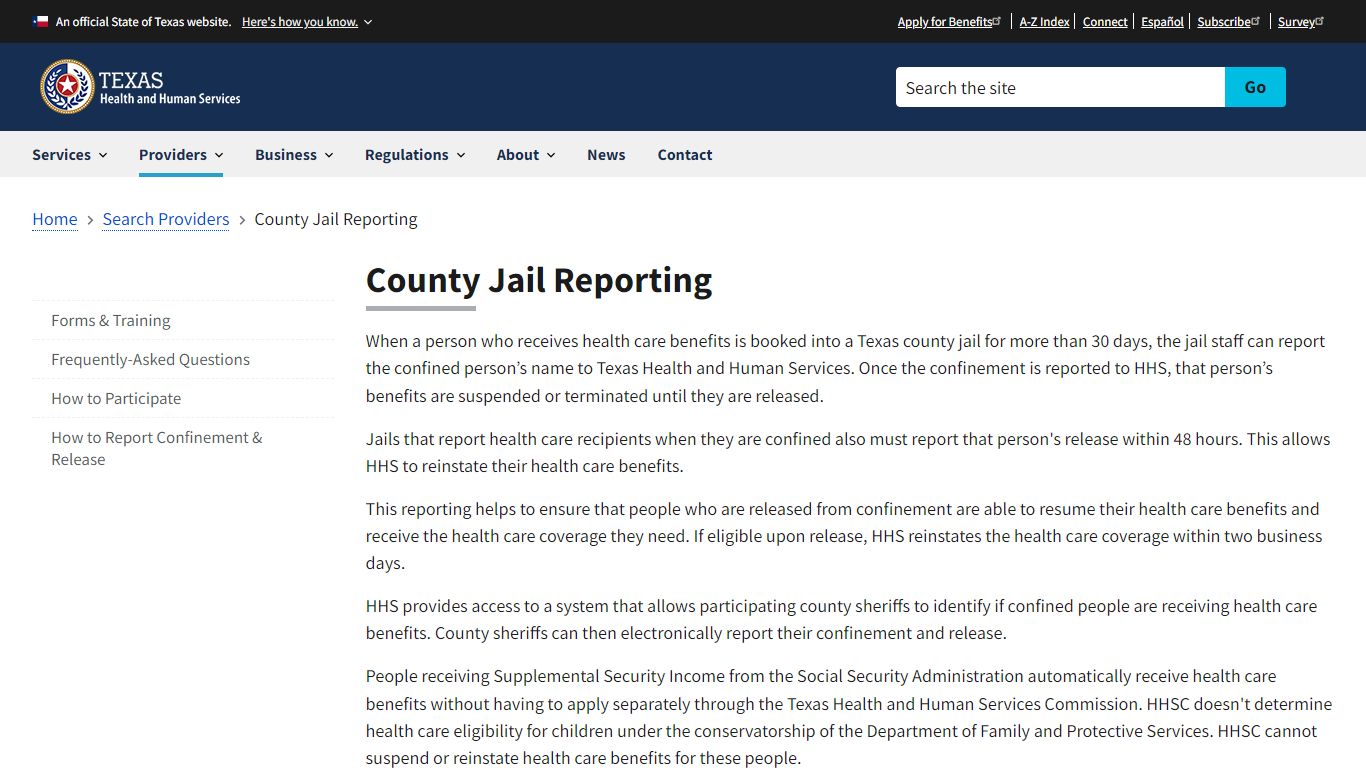 County Jail Reporting | Texas Health and Human Services